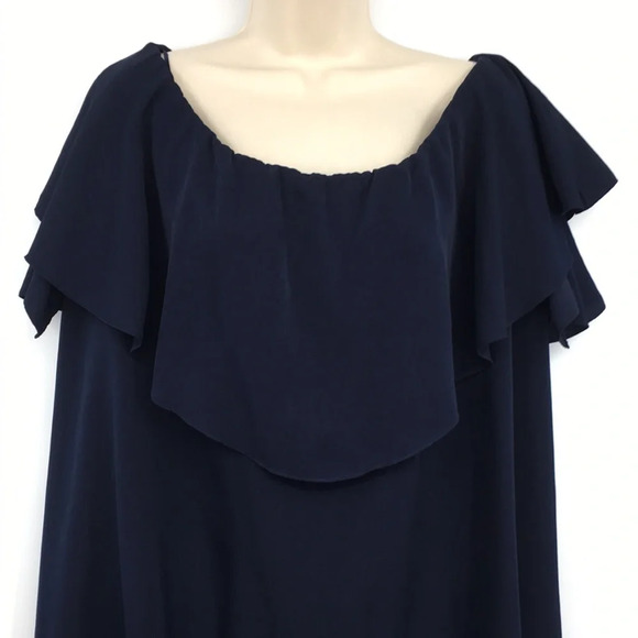 MLM Blouse Womens Small Navy Off The Shoulder Short Sleeve Top Silky Ruffle - Picture 3 of 13